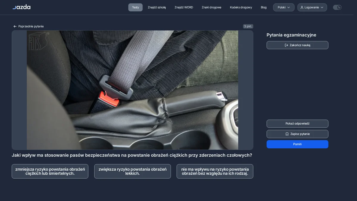 Pasy bezpieczeństwa a obrażenia przy zderzeniu czołowym