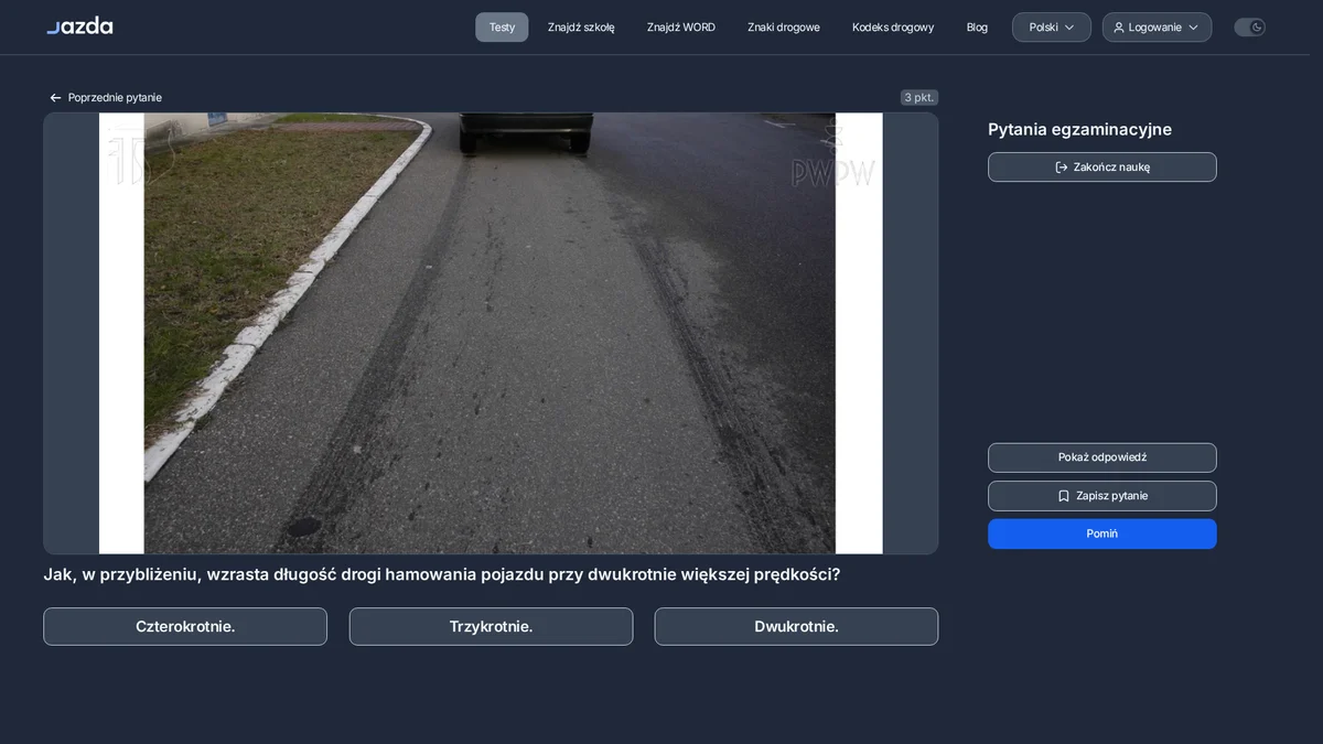 Droga hamowania a prędkość - dlaczego przy dwukrotnie większej prędkości rośnie czterokrotnie