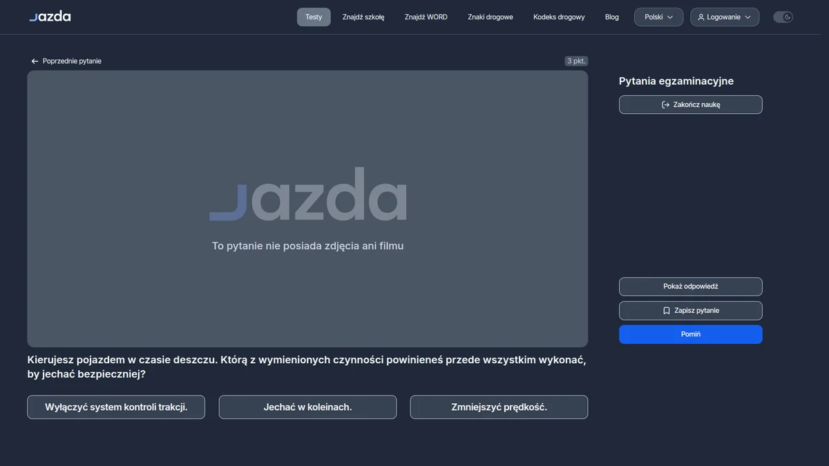 Jazda w deszczu - co zrobić przede wszystkim? Pytanie egzaminacyjne
