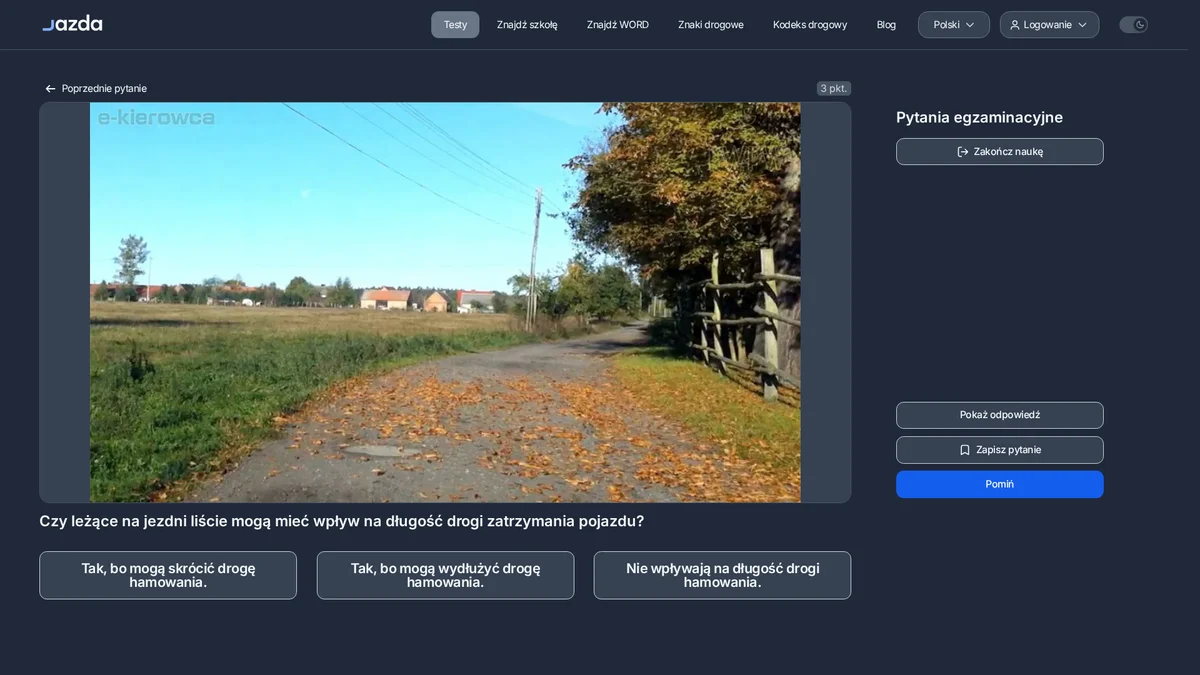 Liście na jezdni a droga hamowania - realne zagrożenie