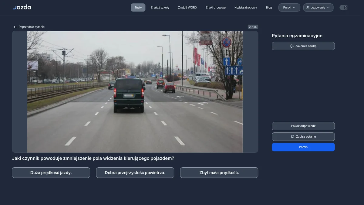 Jaki czynnik zmniejsza pole widzenia kierowcy - odpowiedź z bazy egzaminacyjnej