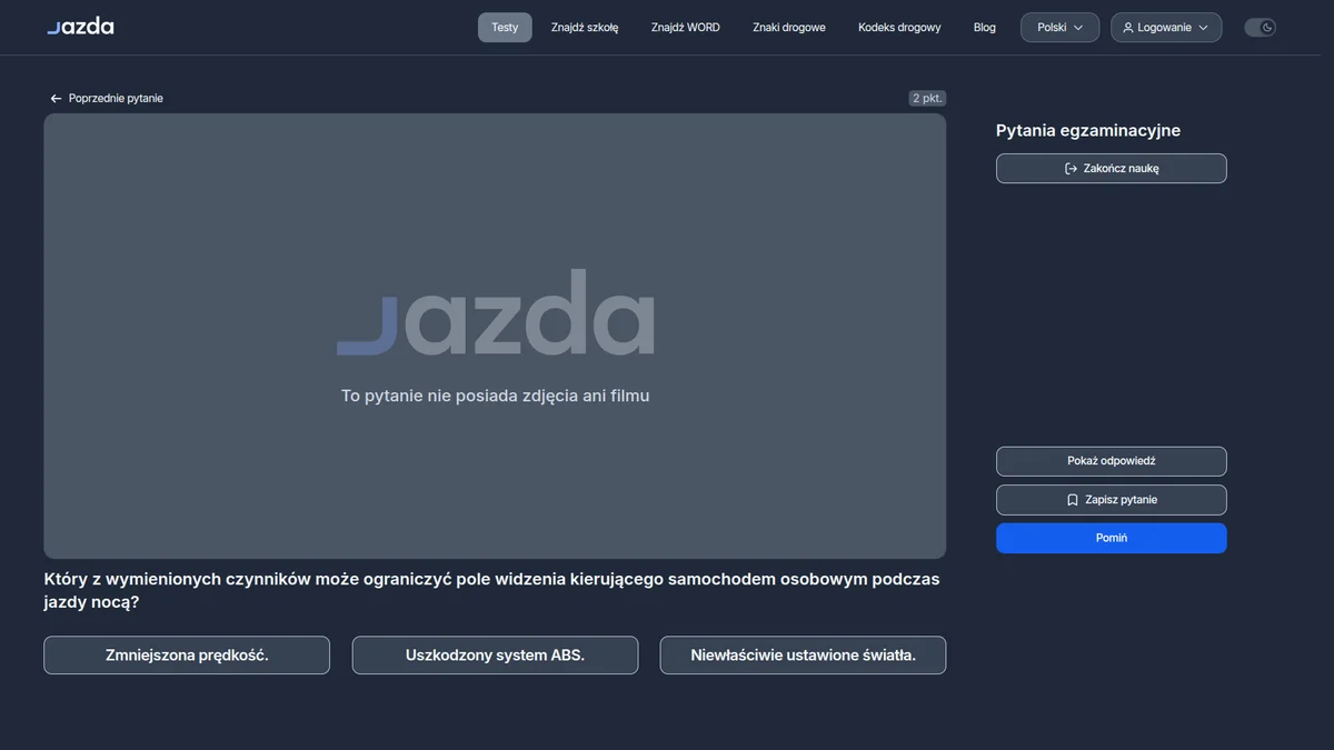 Co ogranicza pole widzenia kierowcy podczas jazdy nocą