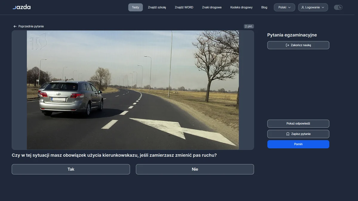 Kierunkowskaz przy zmianie pasa - czy zawsze obowiązkowy? Pytanie egzaminacyjne