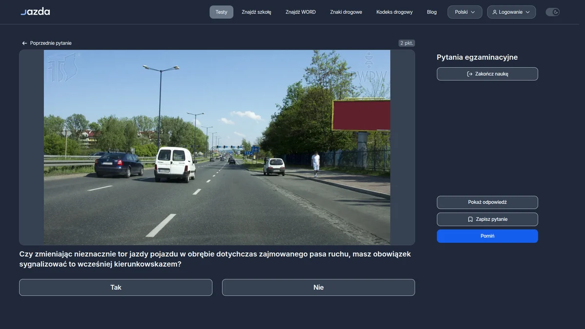 Kierunkowskaz przy nieznacznej zmianie toru w obrębie pasa ruchu