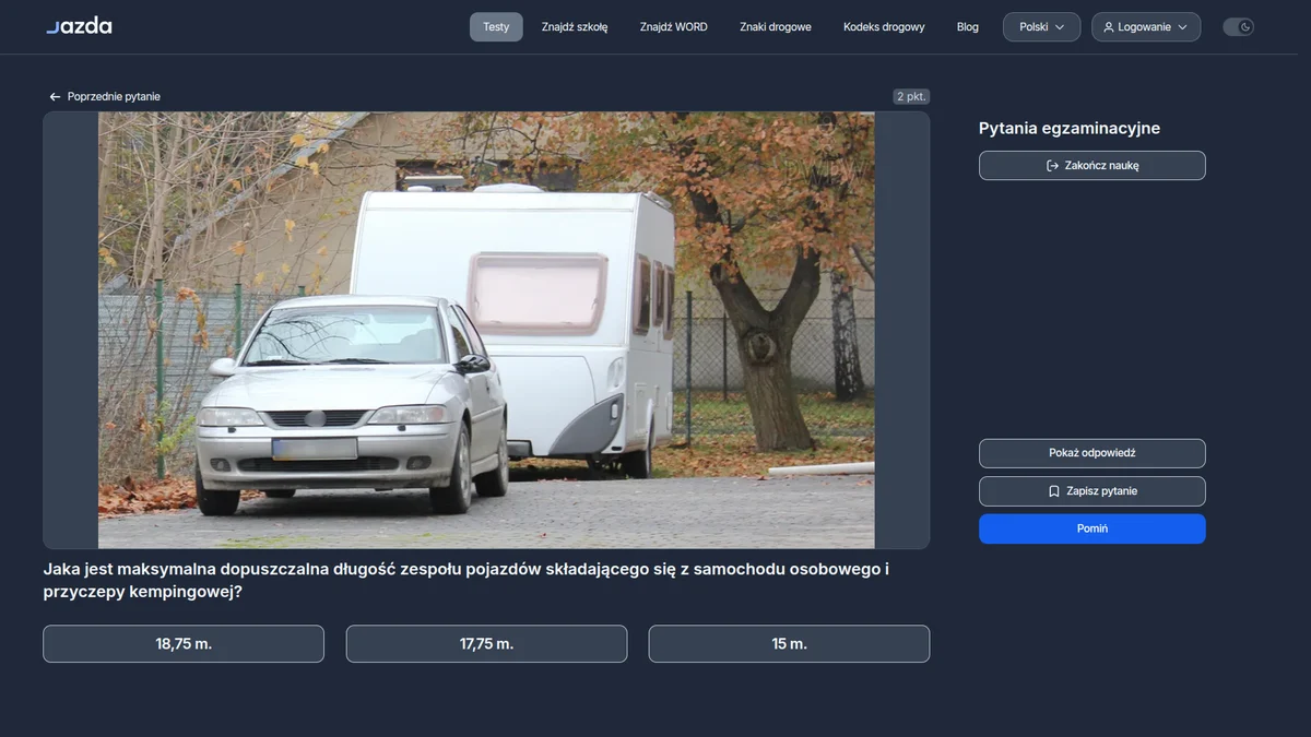 Maksymalna długość samochodu z przyczepą kempingową - pytanie egzaminacyjne
