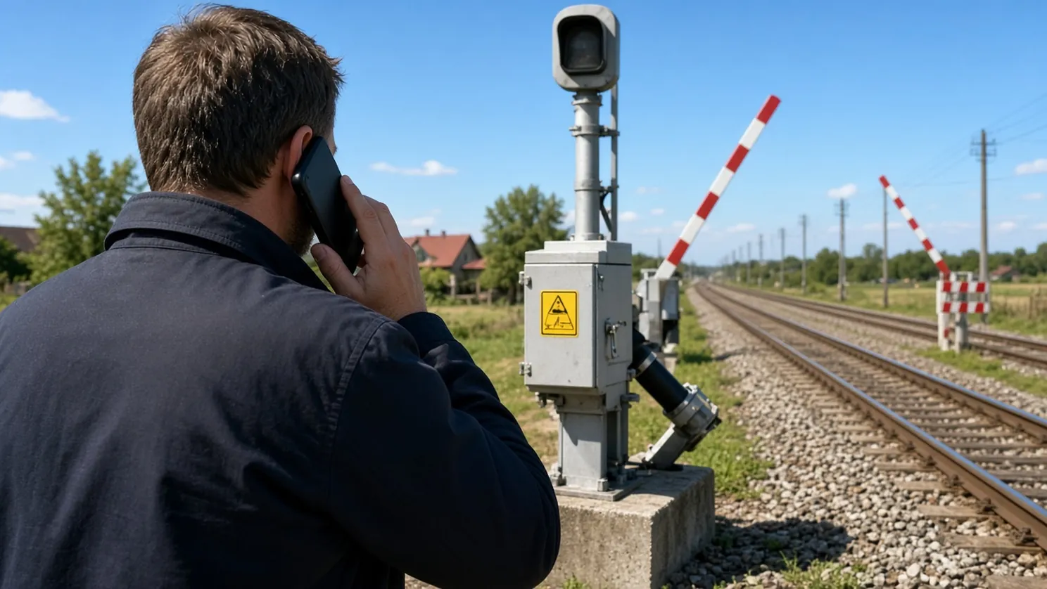 Przejazd kolejowy: żółta naklejka PLK i 112