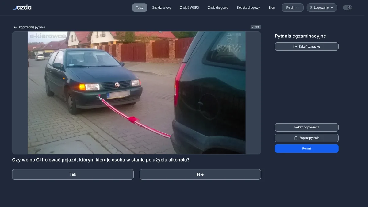 Holowanie a alkohol - czy wolno holować auto prowadzone przez nietrzeźwego