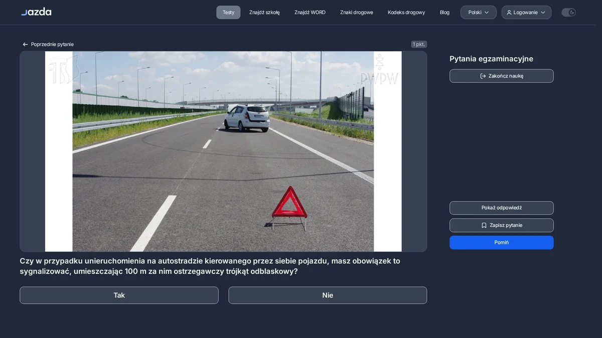 Trójkąt ostrzegawczy na autostradzie - w jakiej odległości go ustawić