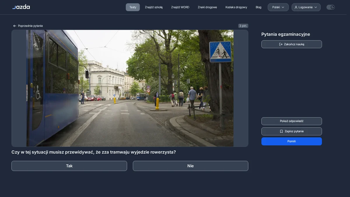 Rowerzysta zza tramwaju - dlaczego musisz to przewidywać na egzaminie