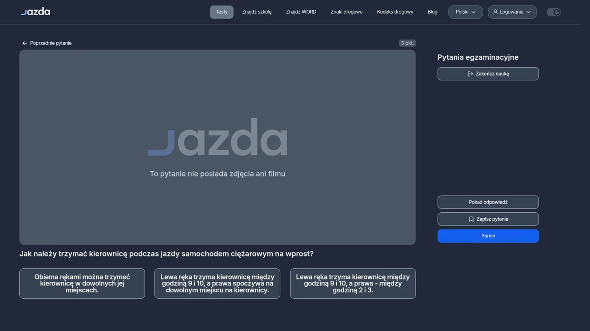 Trzymanie kierownicy samochodem ciężarowym - poprawna pozycja rąk (9 i 3)