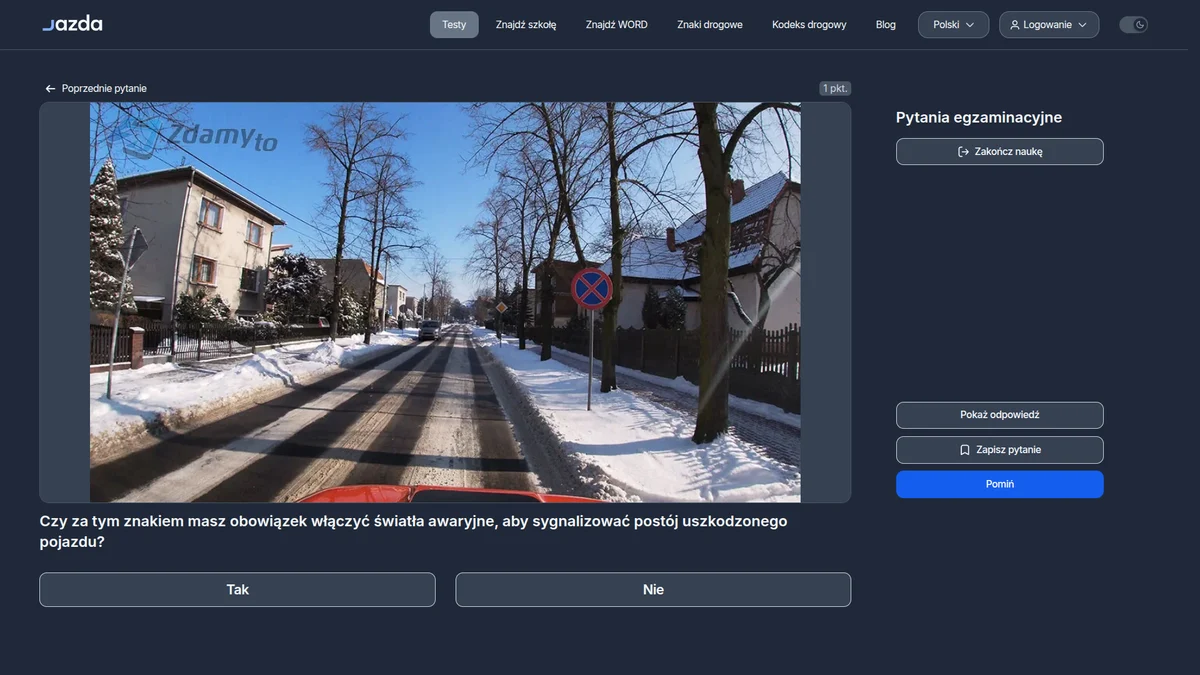 Postój uszkodzonego pojazdu w zakazie zatrzymywania - światła awaryjne