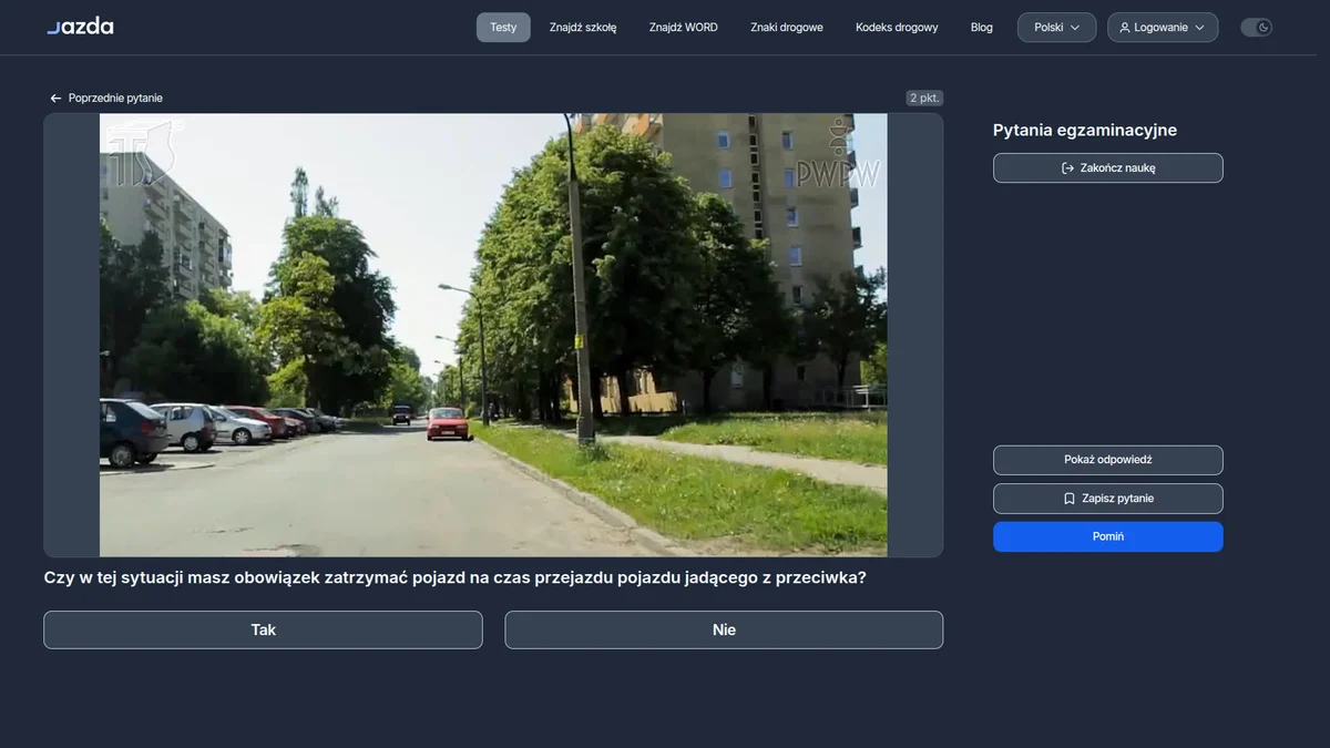 Zatrzymanie na wąskiej drodze przy zaparkowanych pojazdach