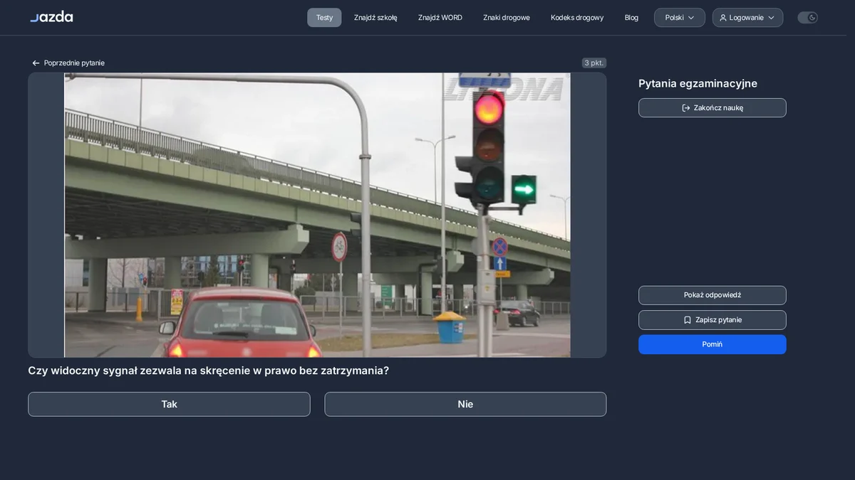 Zielona strzałka warunkowa - skręt w prawo tylko po zatrzymaniu