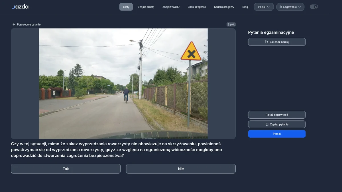 Wyprzedzanie rowerzysty a ograniczona widoczność na skrzyżowaniu
