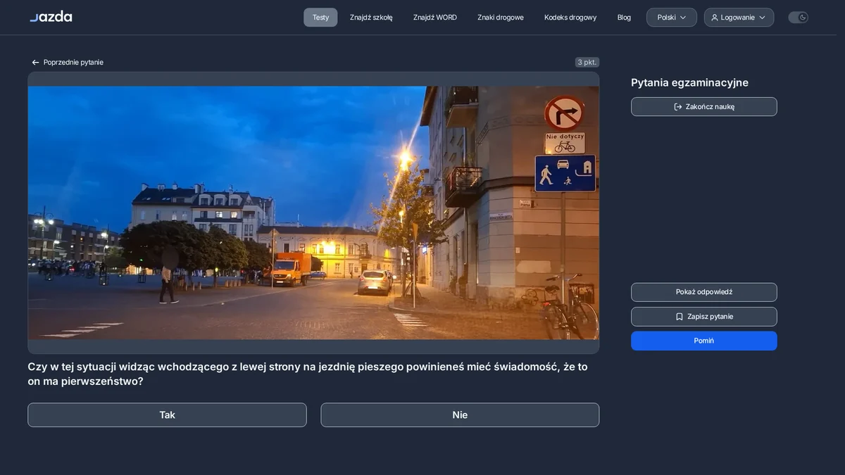 Pieszy wchodzący z lewej w strefie zamieszkania - pierwszeństwo