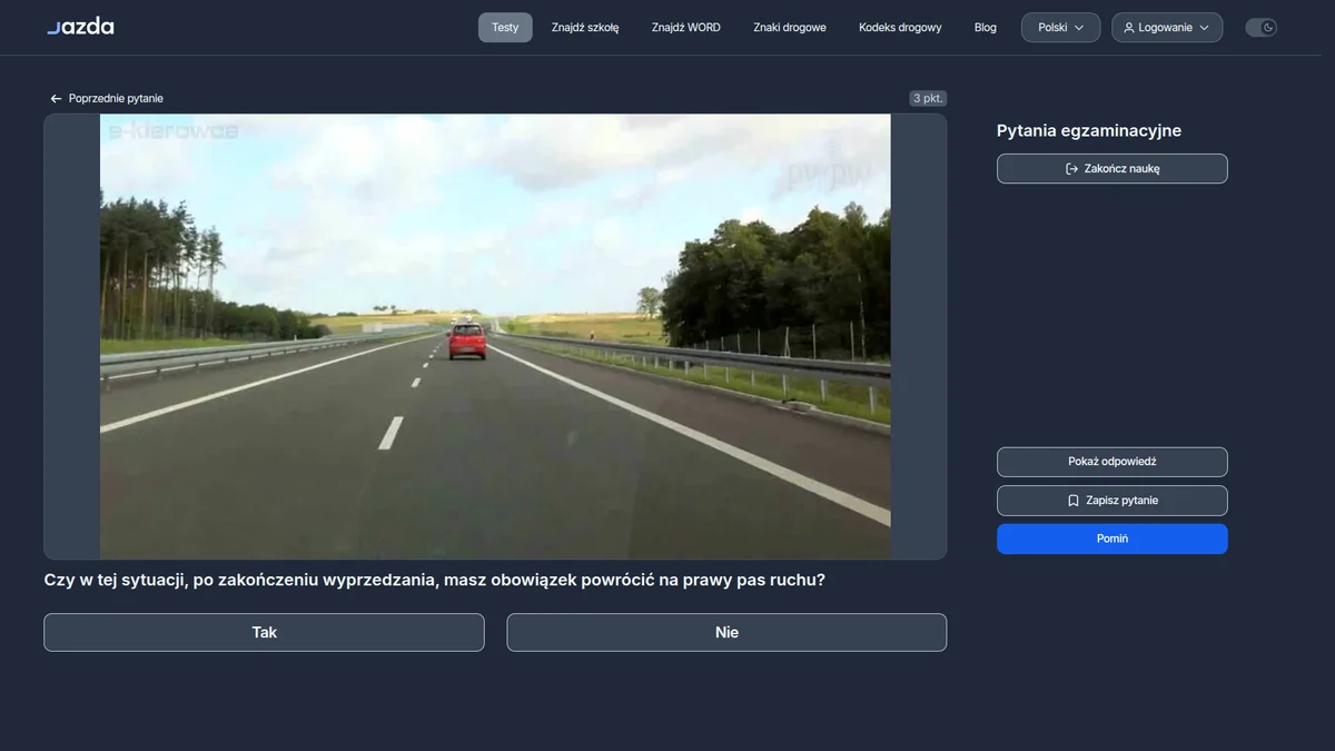Powrót na prawy pas po wyprzedzaniu na autostradzie