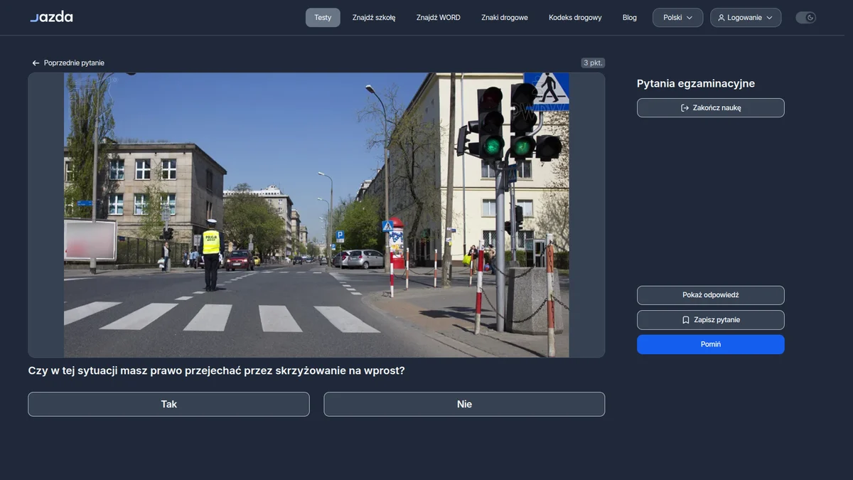 Policjant plecami mimo zielonego - nie przejeżdżaj na wprost