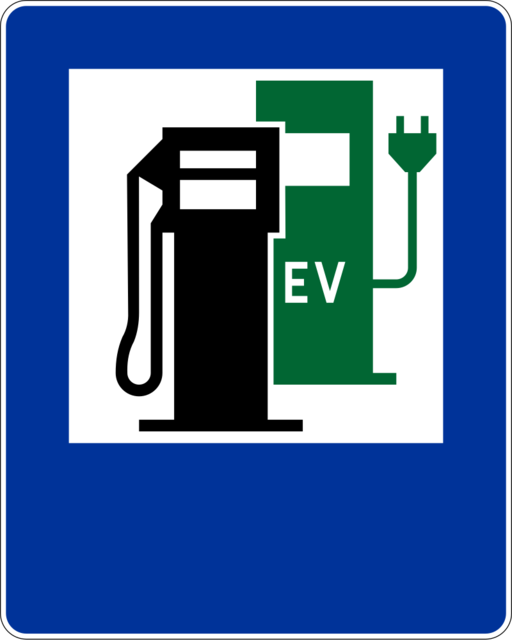 Znak drogowy D-23b - Stacja paliwowa z punktem ładowania pojazdów elektrycznych lub hybrydowych