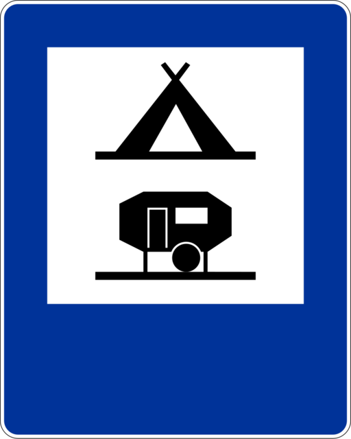 Znak drogowy Obozowisko (camping) wyposażone w podłączenia elektryczne dla przyczep kempingowych