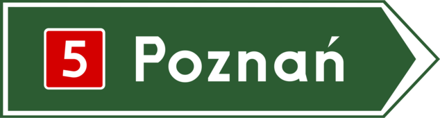 Znak drogowy Drogowskaz w kształcie strzały do miejscowości wskazujący numer drogi