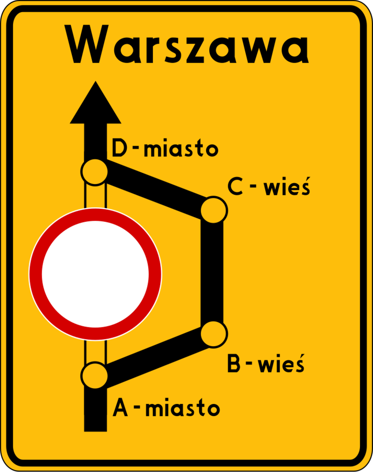 Znak drogowy Objazd w związku z zamknięciem drogi